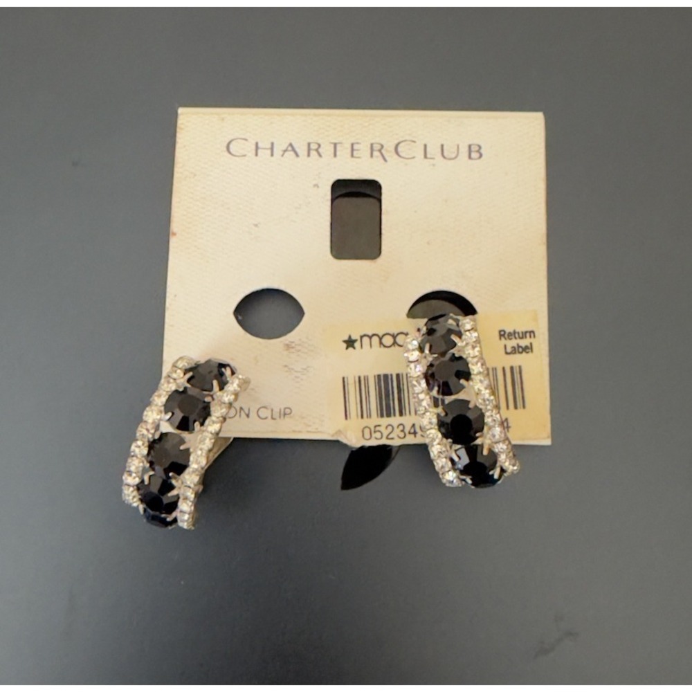 Charter Club Silver Tone Black Clear Crystal Clip On Hoop Earrings New Macy's